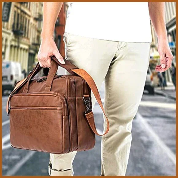 PU Leather Messenger Briefcase, 17.3 Inch Laptop Bag with Multi-Compartment